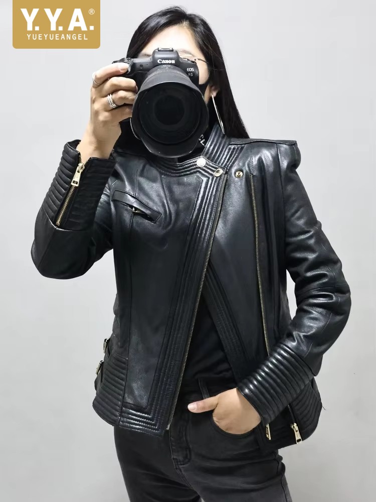 Riding Jacket Leather - 여성 슬림핏 양가죽 정품 가죽 재킷