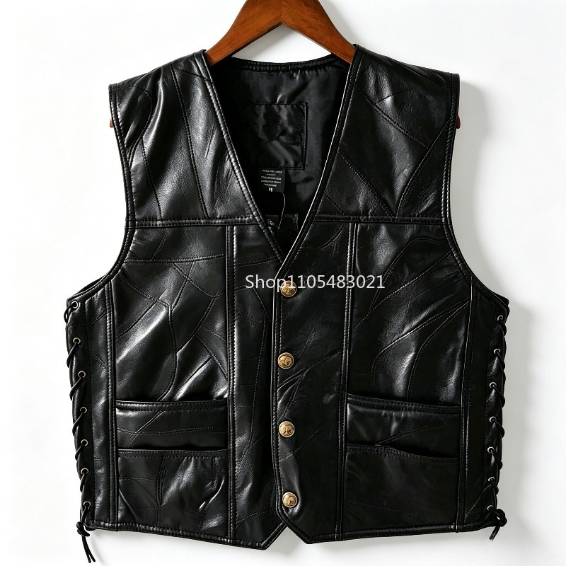 Riding Jacket Leather - 남성용 블랙 패치워크 가죽 바이커 조끼,