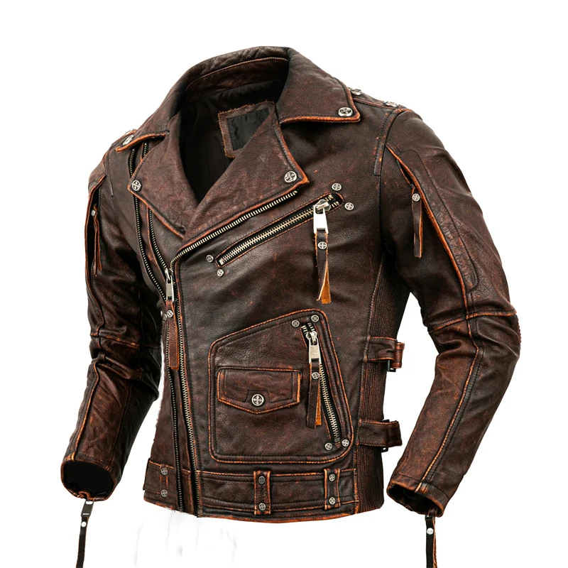 Riding Jacket Leather - 남성용 천연 가죽 오토바이 재킷, 탑